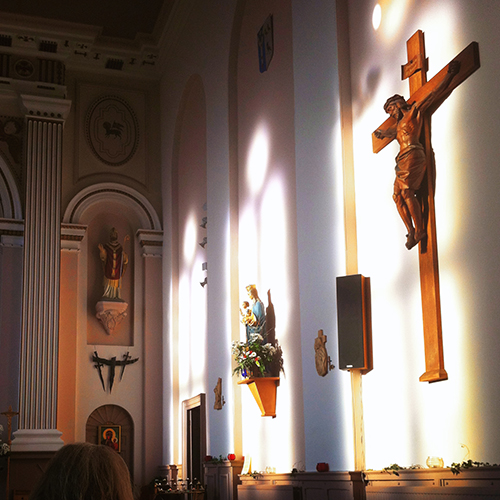 Inside St Thomas of Canterbury Church in Cowes Isle of Wight Crucifix on wall